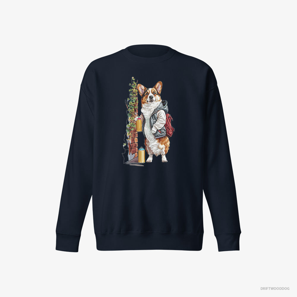 Corgi Sweatshirt – Women Navy Sweatshirt Eco-Friendly – Painting Graffiti on the Wall (on White Background)