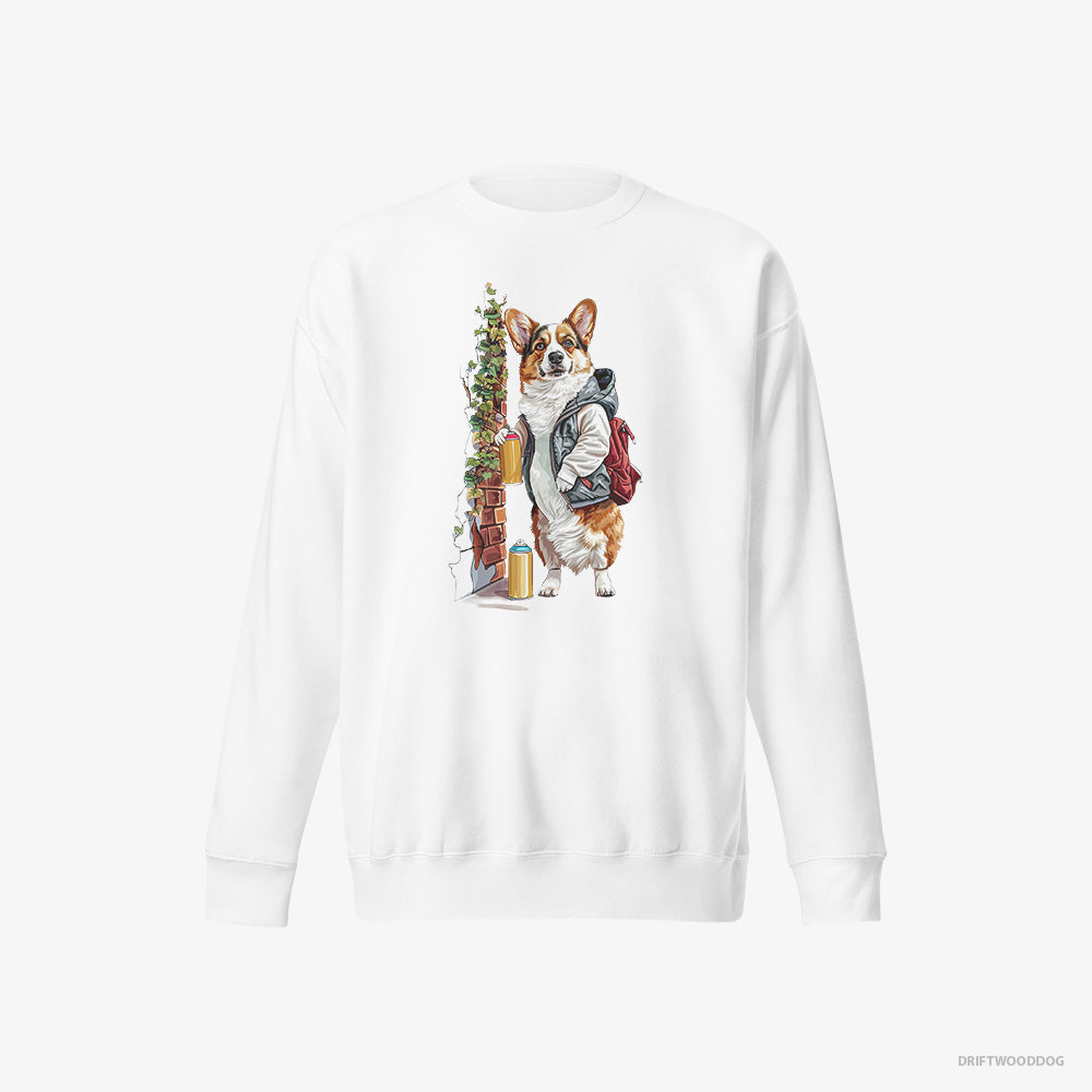 Corgi Sweatshirt – Men White Sweatshirt Eco-Friendly – Painting Graffiti on the Wall (on White Background)