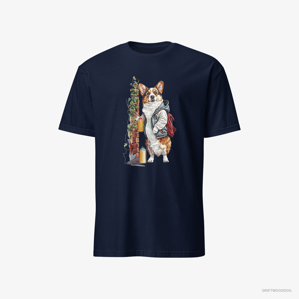 Corgi T-Shirt – Men Navy T-Shirt Classic – Painting Graffiti on the Wall (on White Background)