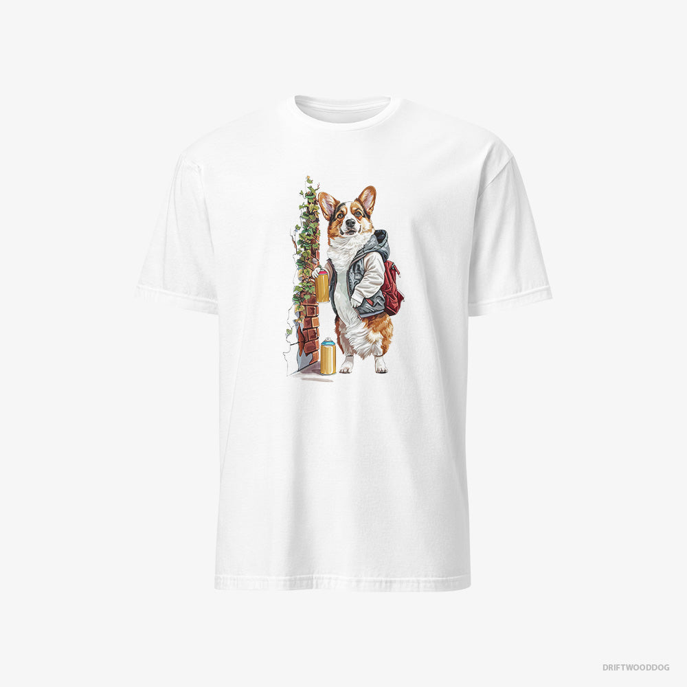 Corgi T-Shirt – Men White T-Shirt Classic – Painting Graffiti on the Wall (on White Background)