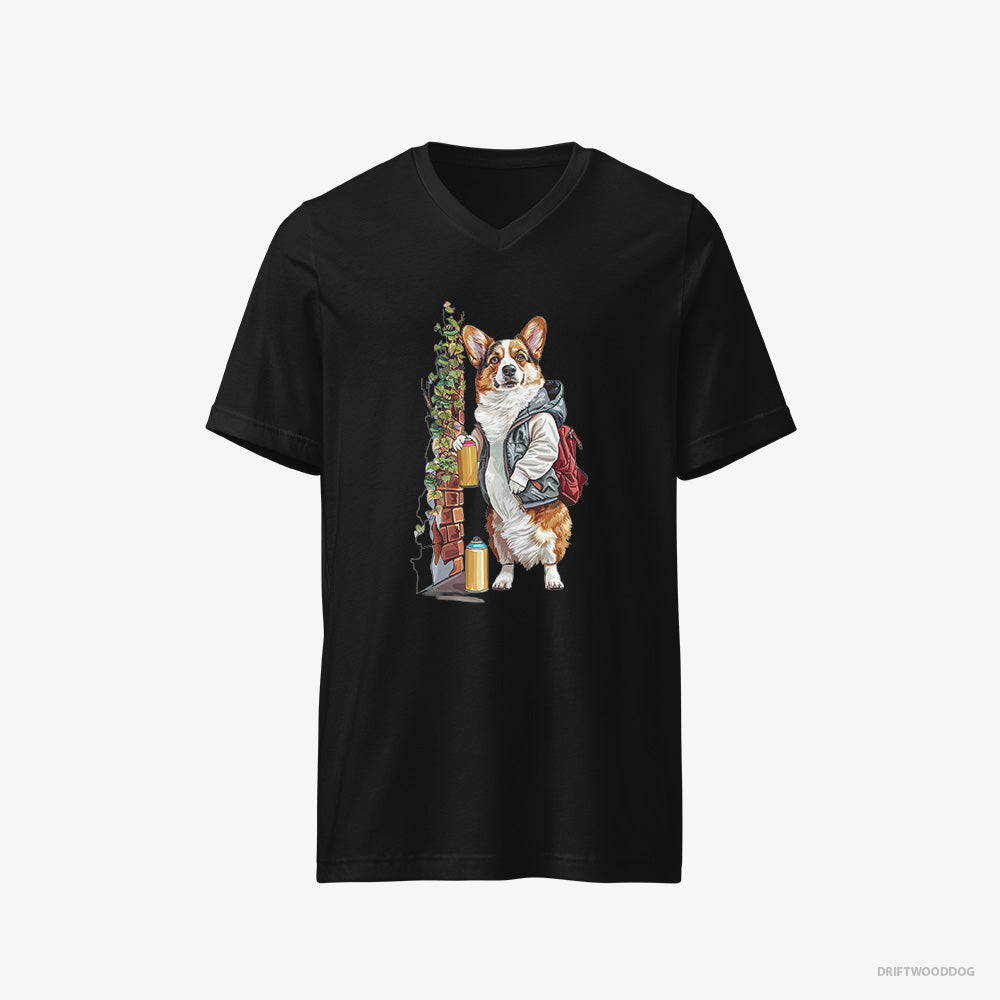 Corgi T-Shirt – Men Black T-Shirt V-Neck – Painting Graffiti on the Wall (on White Background)