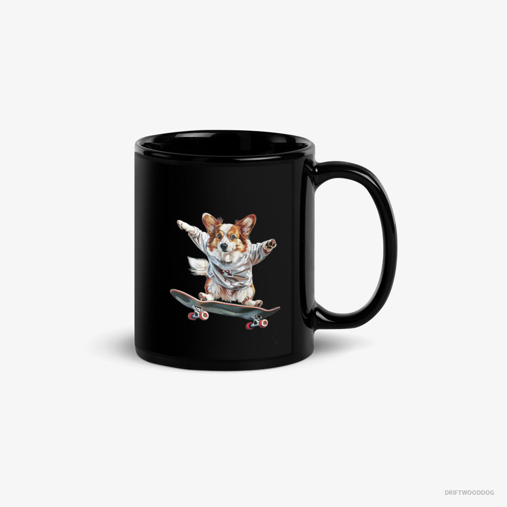 Corgi Mug – Unisex Black Mug Classic – Enjoying a Skateboard Ride (on White Background)