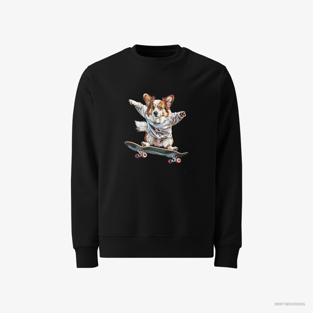 Corgi Sweatshirt – Men Black Sweatshirt Classic – Enjoying a Skateboard Ride (on White Background)