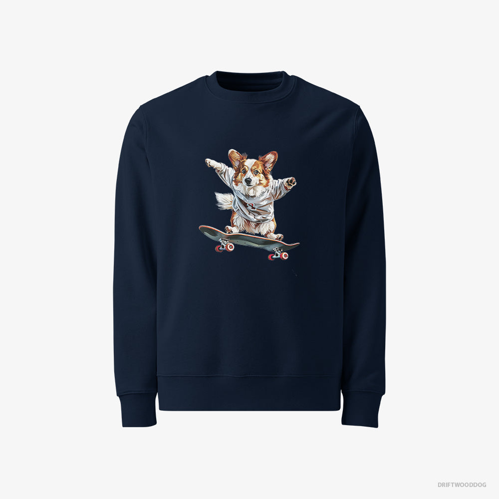 Corgi Sweatshirt – Women Navy Sweatshirt Classic – Enjoying a Skateboard Ride (on White Background)