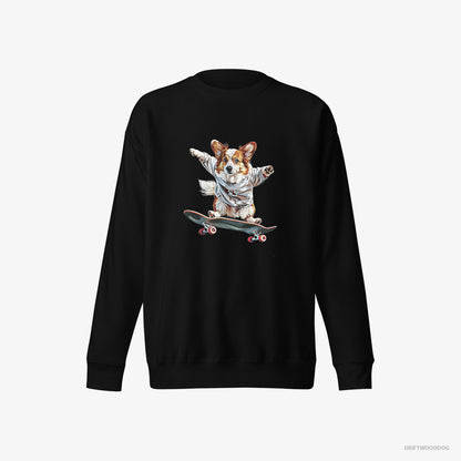 Corgi Sweatshirt – Men Black Sweatshirt Eco-Friendly – Enjoying a Skateboard Ride (on White Background)