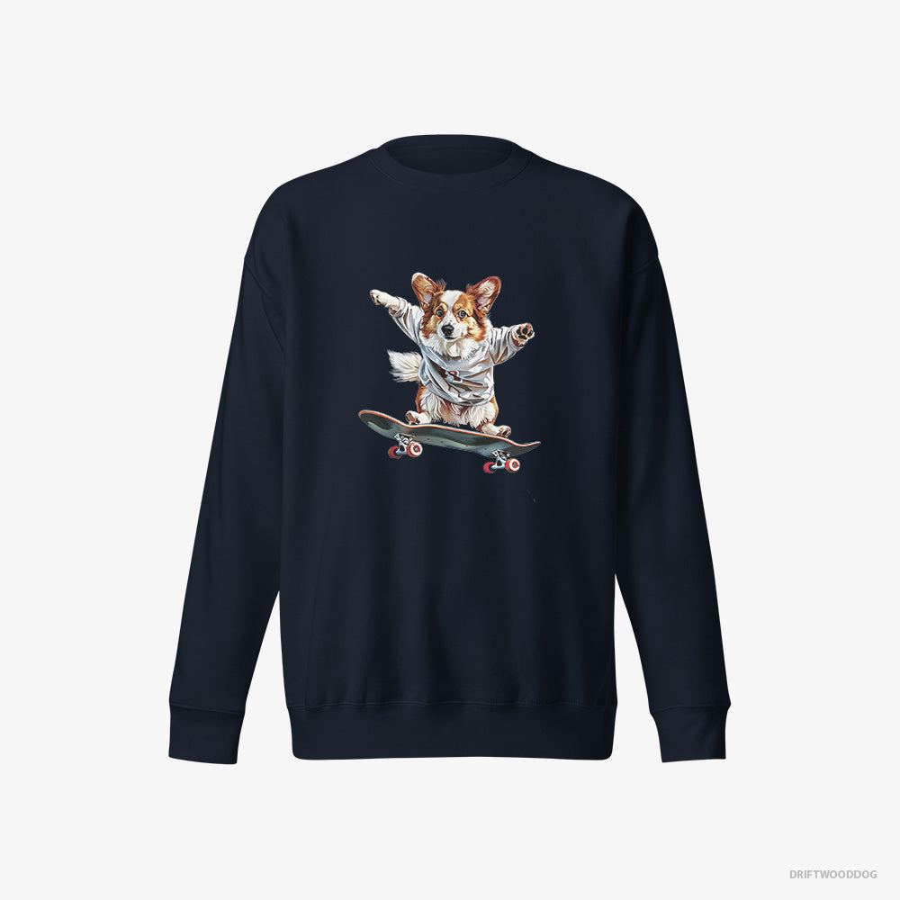 Corgi Sweatshirt – Women Navy Sweatshirt Eco-Friendly – Enjoying a Skateboard Ride (on White Background)