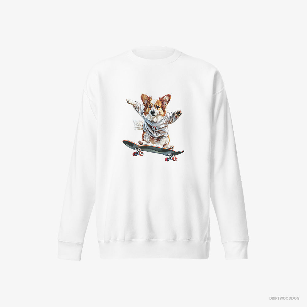 Corgi Sweatshirt – Women White Sweatshirt Eco-Friendly – Enjoying a Skateboard Ride (on White Background)