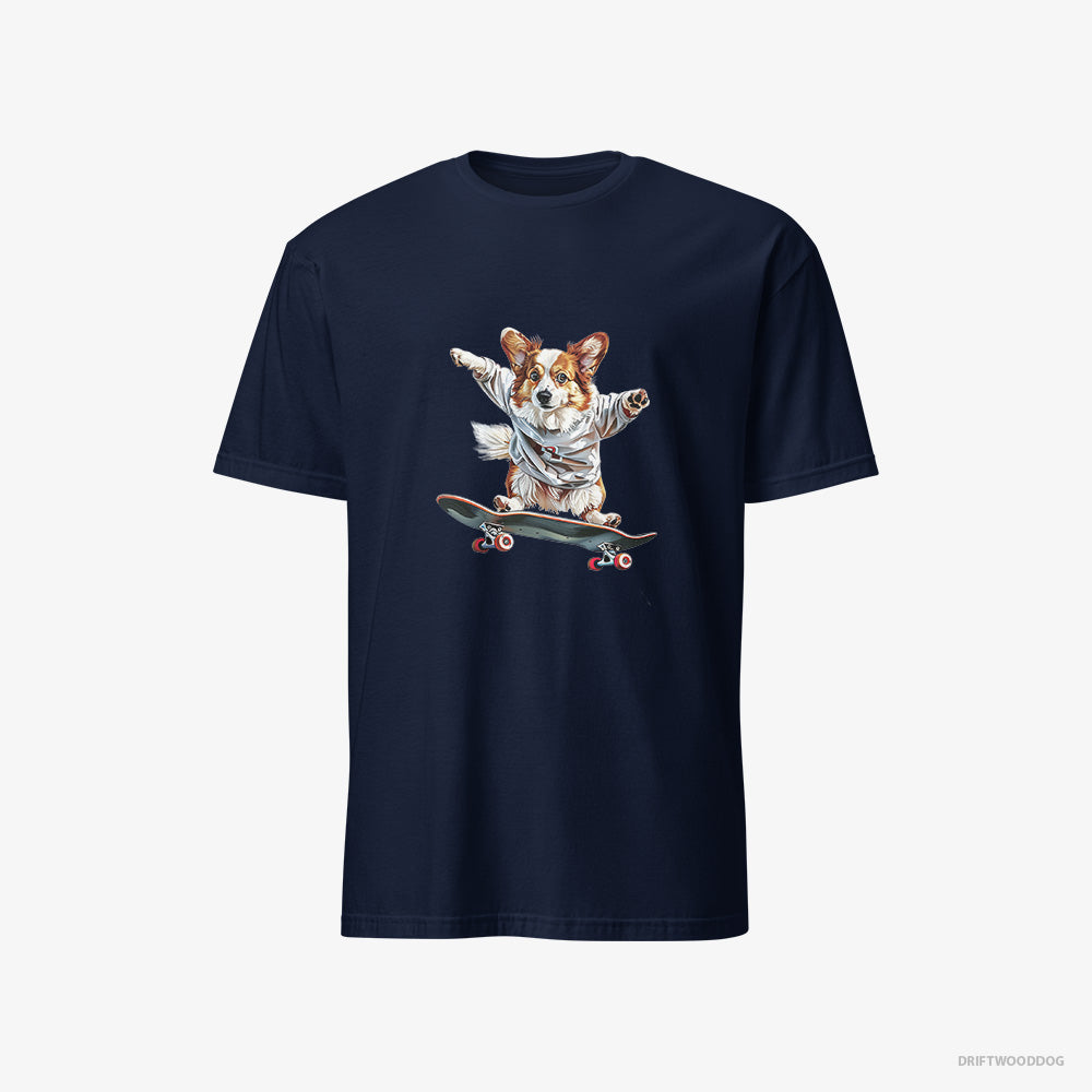 Corgi T-Shirt – Men Navy T-Shirt Classic – Enjoying a Skateboard Ride (on White Background)