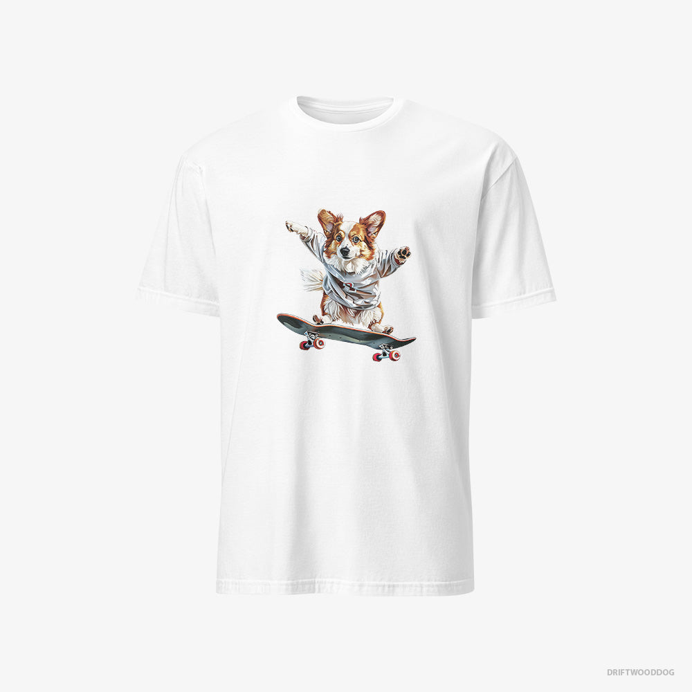 Corgi T-Shirt – Men White T-Shirt Classic – Enjoying a Skateboard Ride (on White Background)