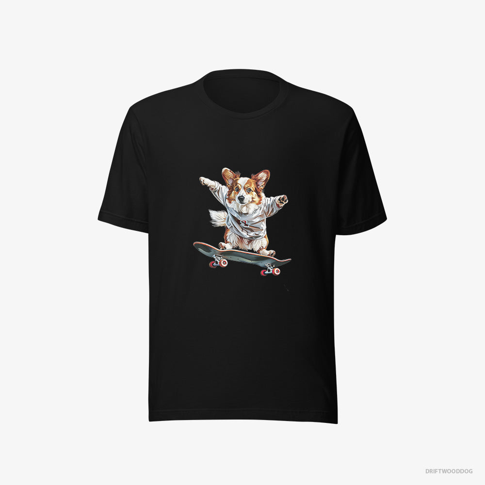 Corgi T-Shirt – Men Black T-Shirt Eco-Friendly – Enjoying a Skateboard Ride (on White Background)