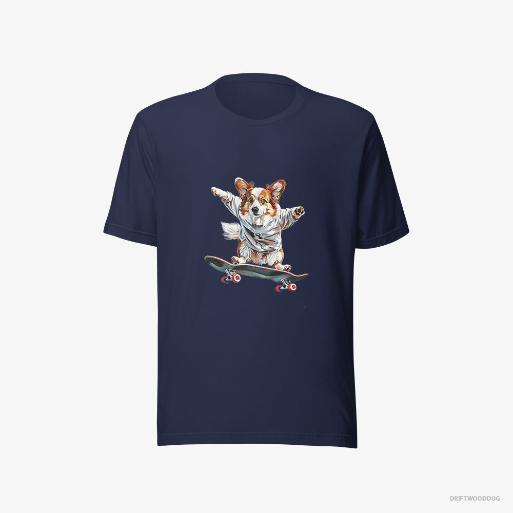 Corgi T-Shirt – Men Navy T-Shirt Eco-Friendly – Enjoying a Skateboard Ride (on White Background)