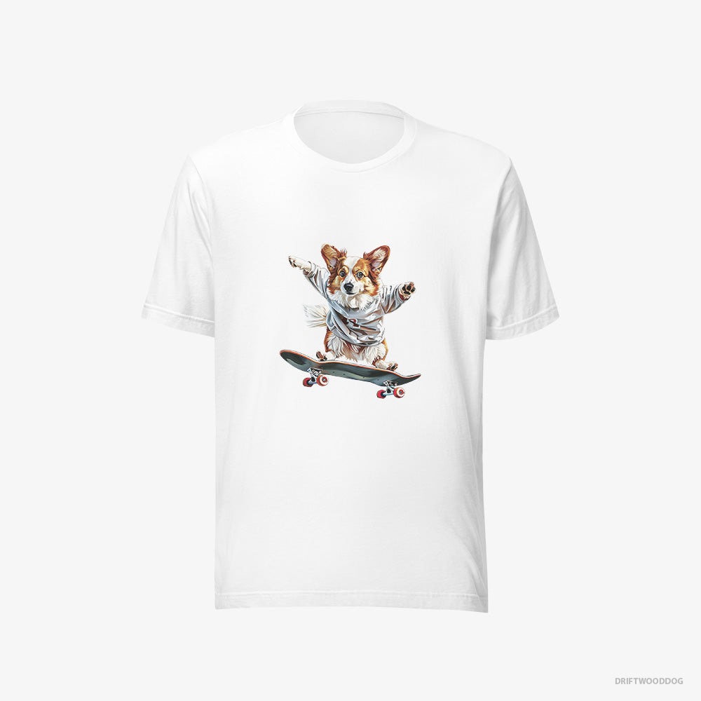 Corgi T-Shirt – Men White T-Shirt Eco-Friendly – Enjoying a Skateboard Ride (on White Background)