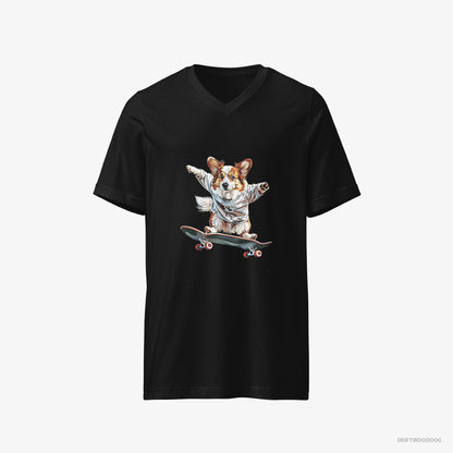 Corgi T-Shirt – Men Black T-Shirt V-Neck – Enjoying a Skateboard Ride (on White Background)