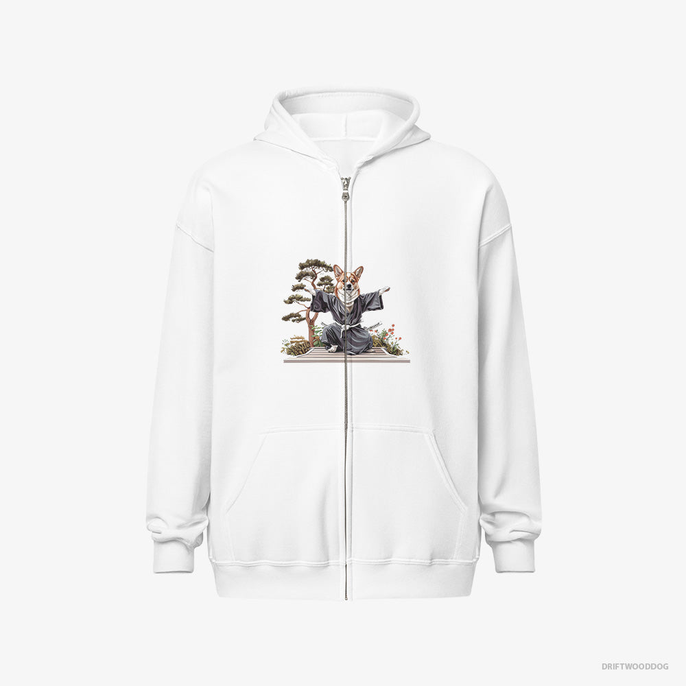 Corgi Hoodie – Men White Hoodie Full-Zip – Practicing Ninja Stealth (on White Background)