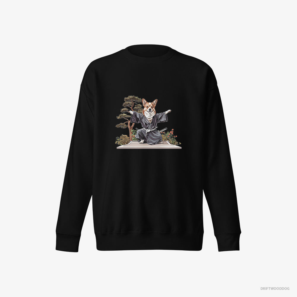 Corgi Sweatshirt – Men Black Sweatshirt Eco-Friendly – Practicing Ninja Stealth (on White Background)