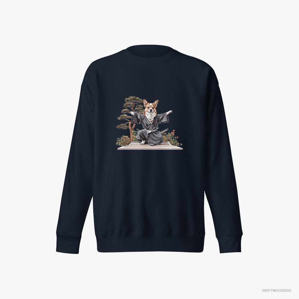 Corgi Sweatshirt – Women Navy Sweatshirt Eco-Friendly – Practicing Ninja Stealth (on White Background)