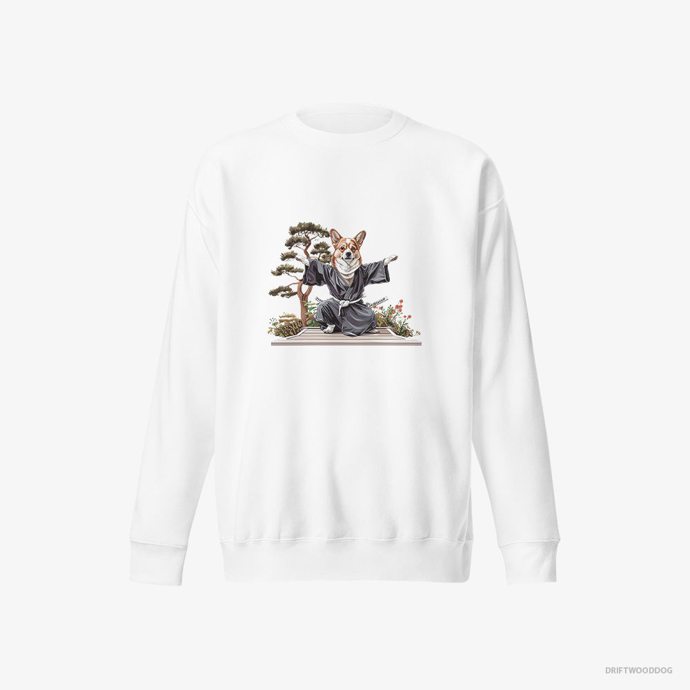 Corgi Sweatshirt – Men White Sweatshirt Eco-Friendly – Practicing Ninja Stealth (on White Background)