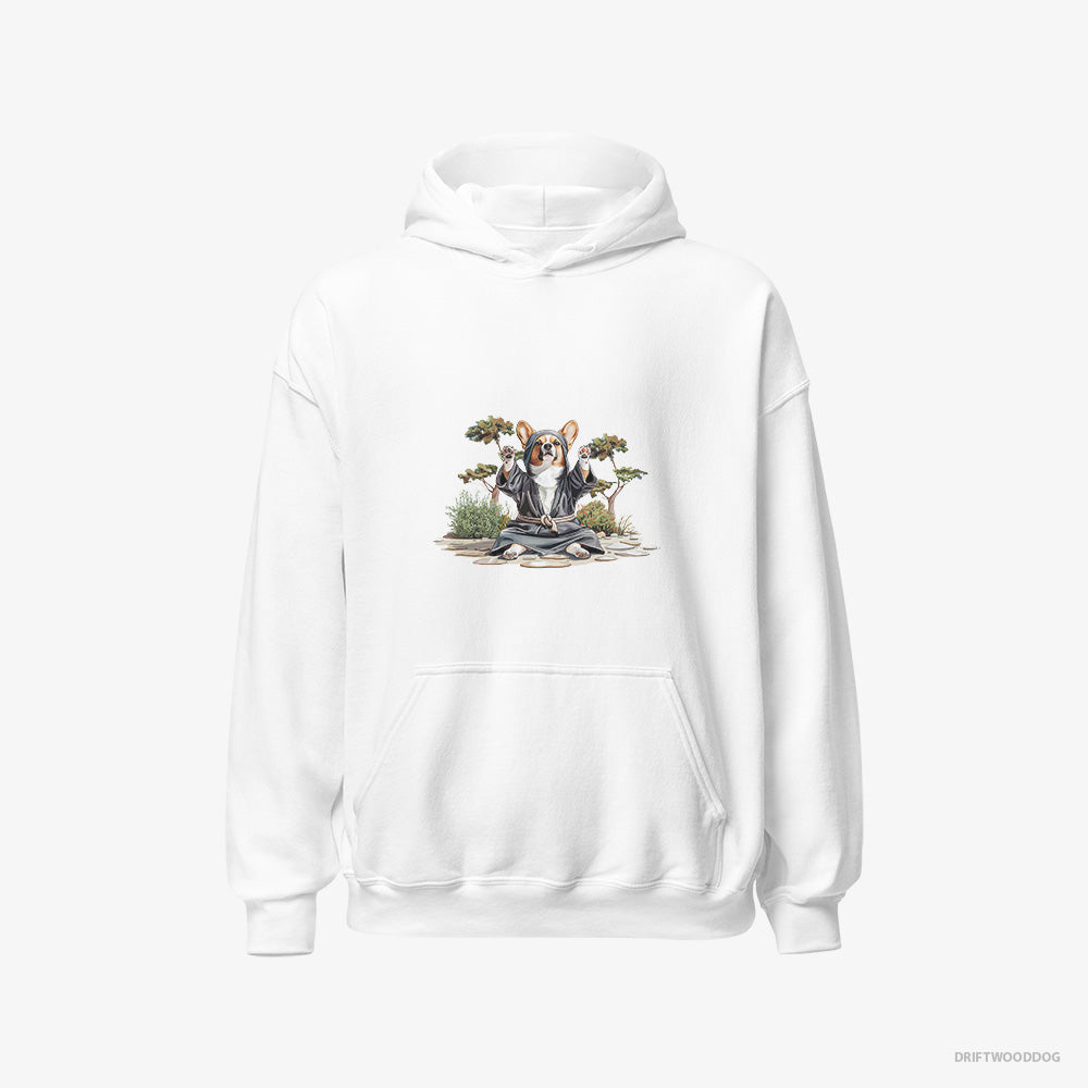 Corgi Hoodie – Women White Hoodie Classic – Wearing Ninja Gear (on White Background)