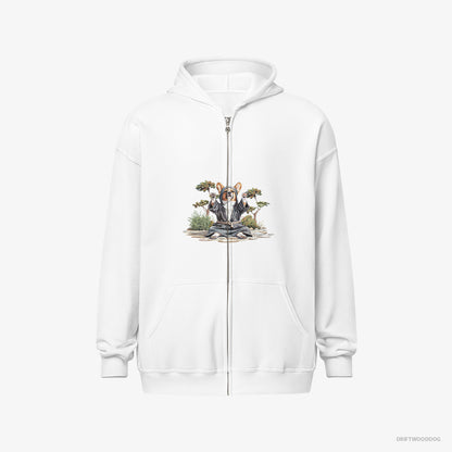 Corgi Hoodie – Women White Hoodie Full-Zip – Wearing Ninja Gear (on White Background)