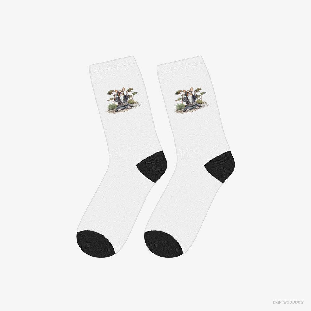 Corgi Socks – Unisex White Socks Classic – Wearing Ninja Gear (on White Background)