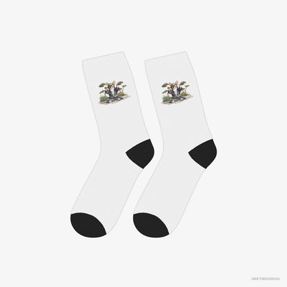 Corgi Socks – Unisex White Socks Eco-Friendly – Wearing Ninja Gear (on White Background)