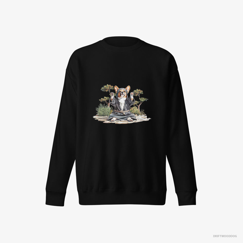 Corgi Sweatshirt – Men Black Sweatshirt Eco-Friendly – Wearing Ninja Gear (on White Background)