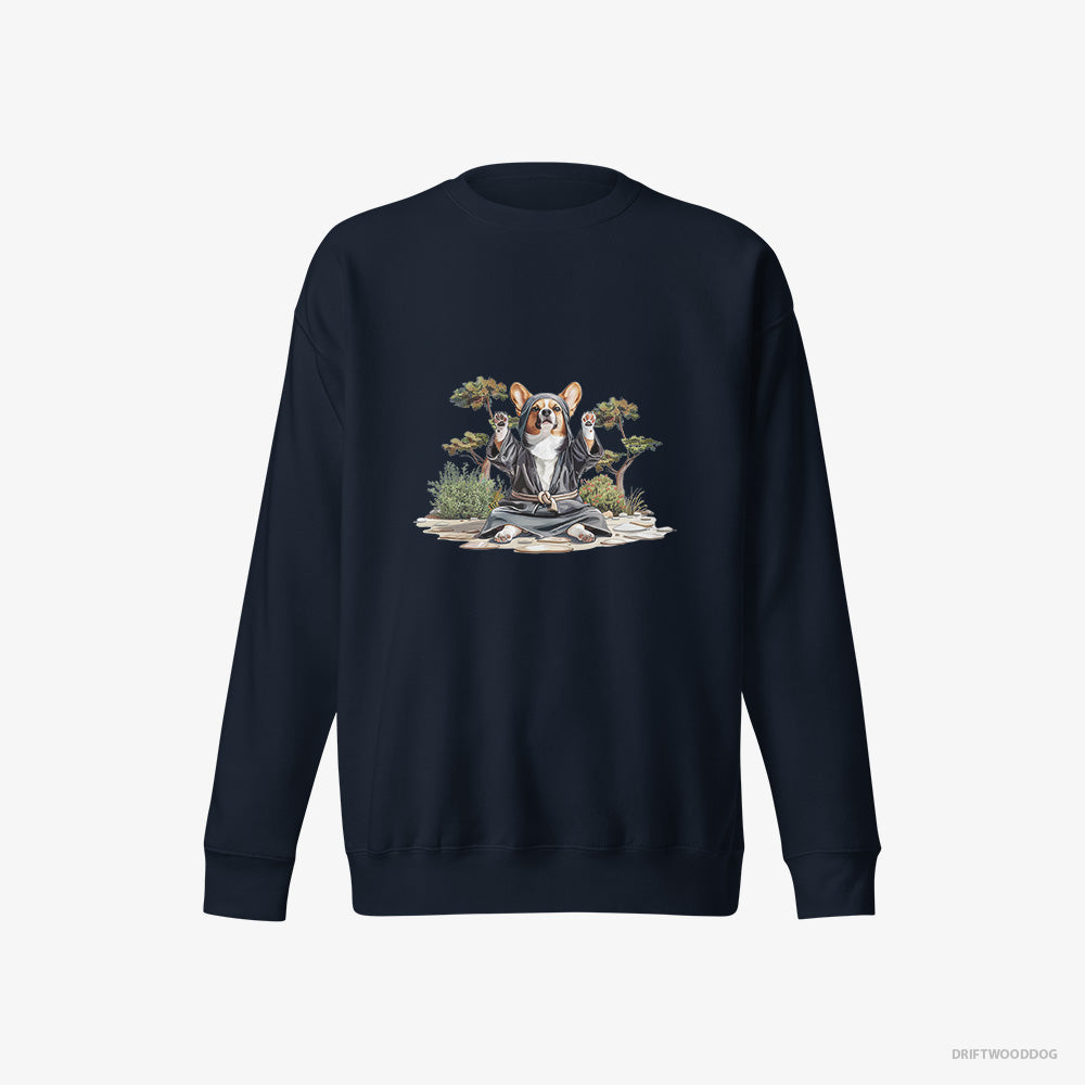 Corgi Sweatshirt – Men Navy Sweatshirt Eco-Friendly – Wearing Ninja Gear (on White Background)