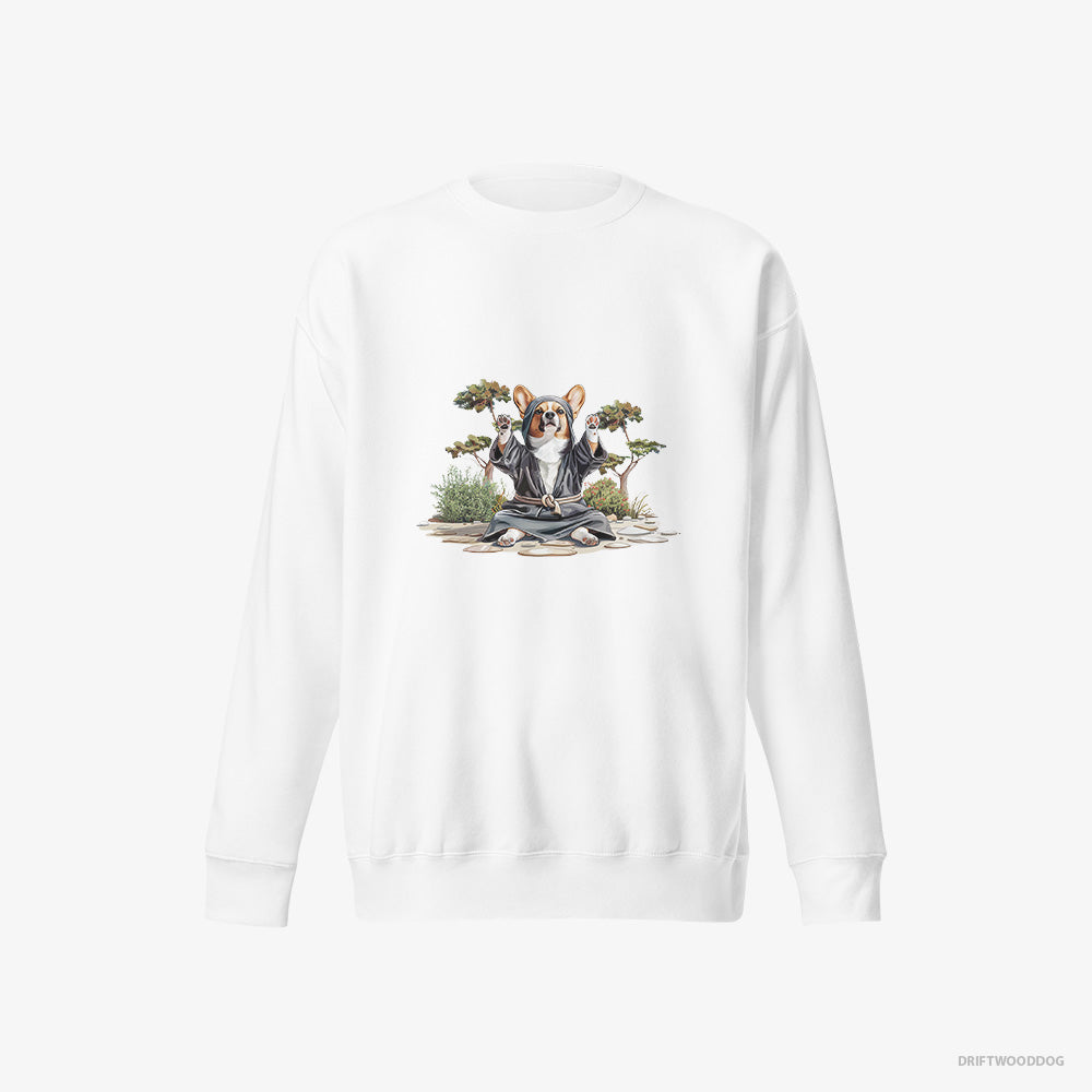 Corgi Sweatshirt – Men White Sweatshirt Eco-Friendly – Wearing Ninja Gear (on White Background)