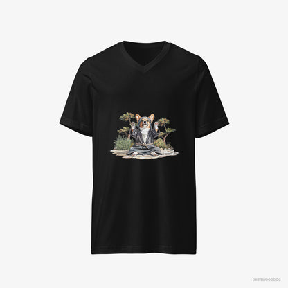 Corgi T-Shirt – Men Black T-Shirt V-Neck – Wearing Ninja Gear (on White Background)