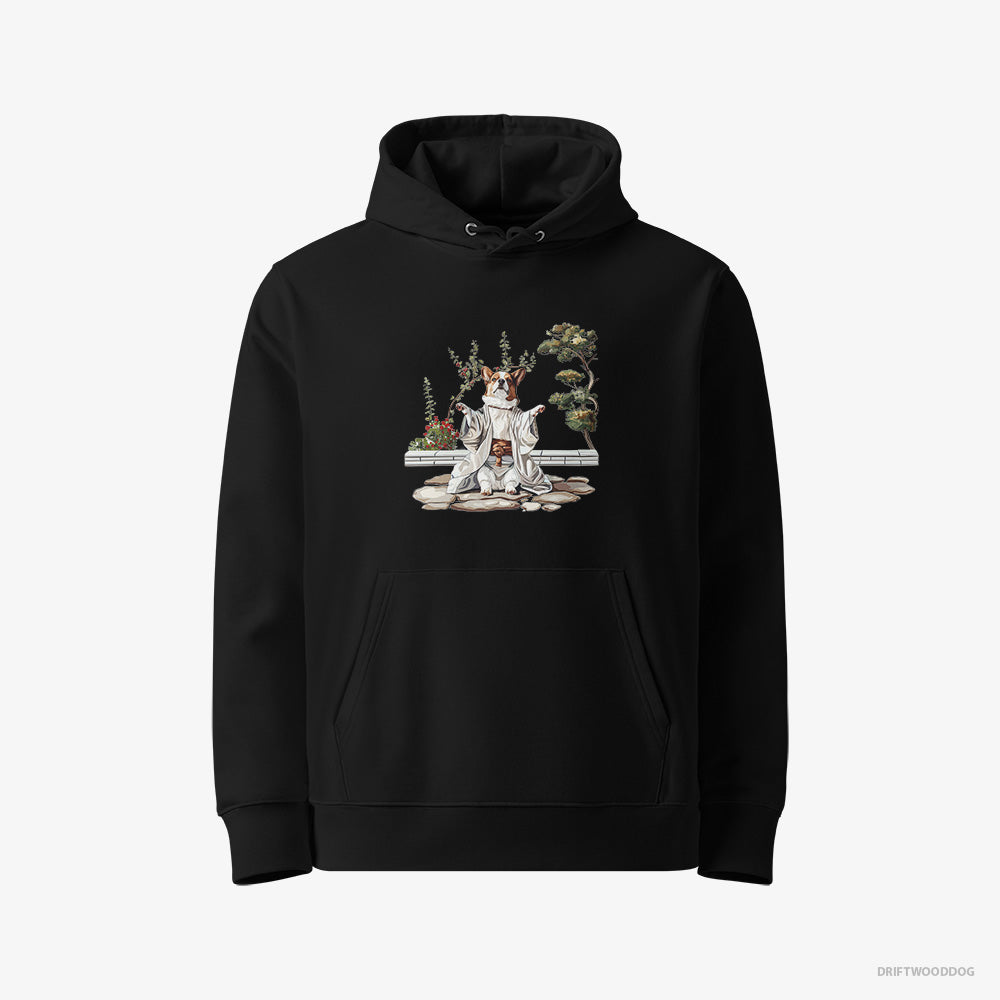 Corgi Hoodie – Women Black Hoodie Eco-Friendly – in a Japanese Garden (on White Background)