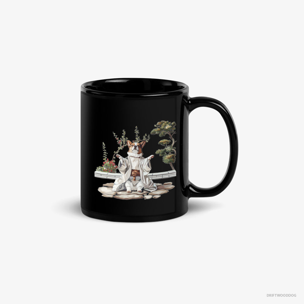 Corgi Mug – Unisex Black Mug Classic – in a Japanese Garden (on White Background)