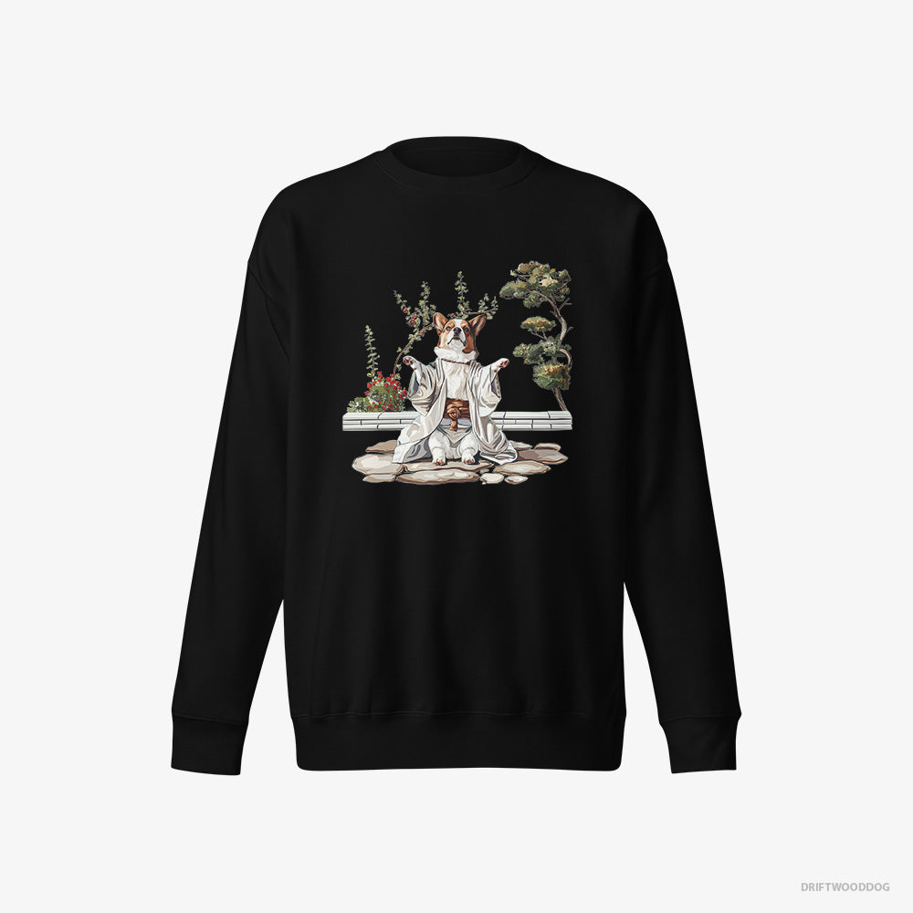 Corgi Sweatshirt – Women Black Sweatshirt Eco-Friendly – in a Japanese Garden (on White Background)