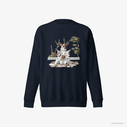 Corgi Sweatshirt – Men Navy Sweatshirt Eco-Friendly – in a Japanese Garden (on White Background)