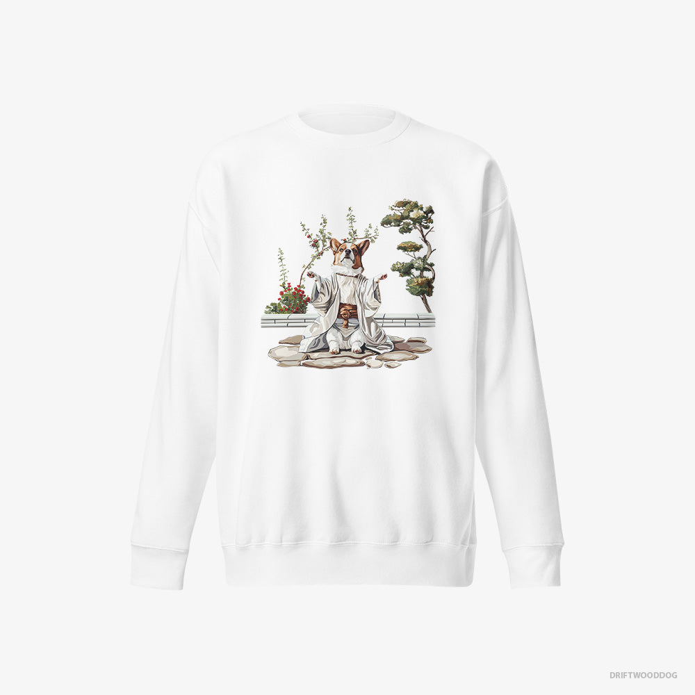 Corgi Sweatshirt – Women White Sweatshirt Eco-Friendly – in a Japanese Garden (on White Background)