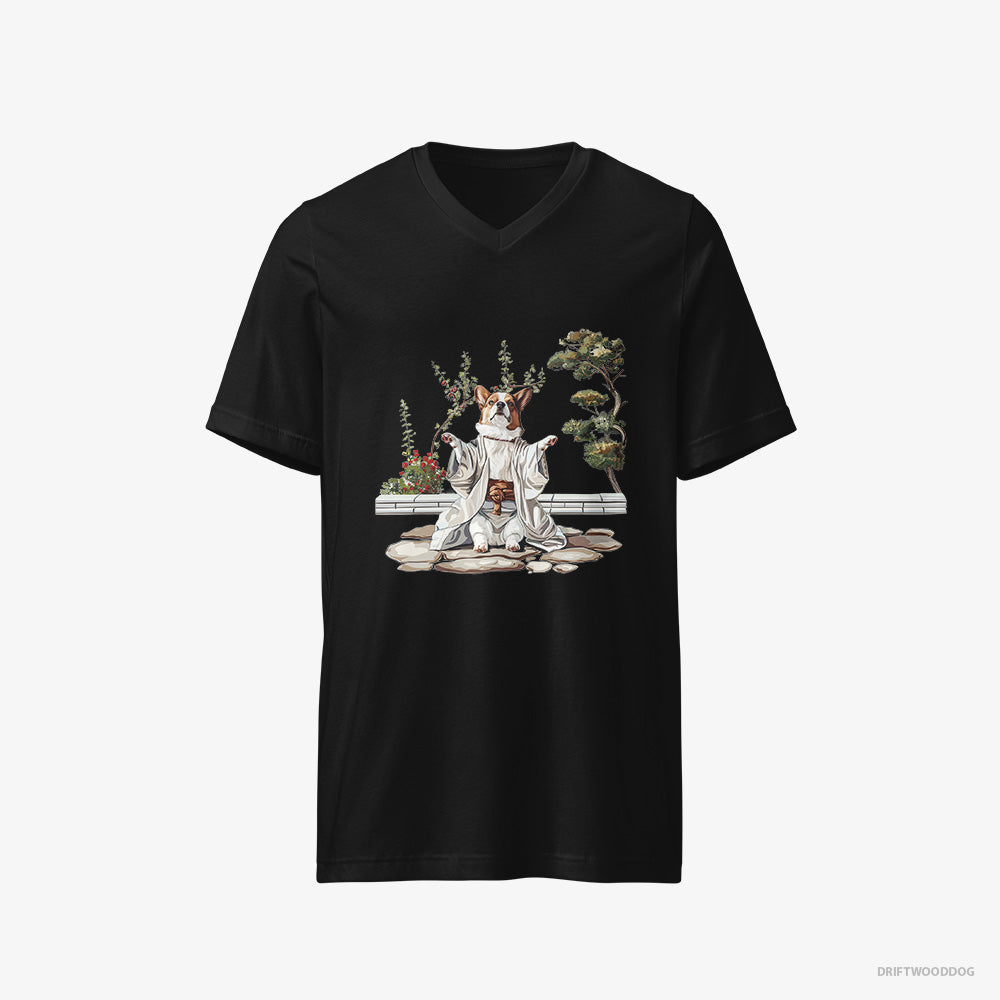 Corgi T-Shirt – Men Black T-Shirt V-Neck – in a Japanese Garden (on White Background)