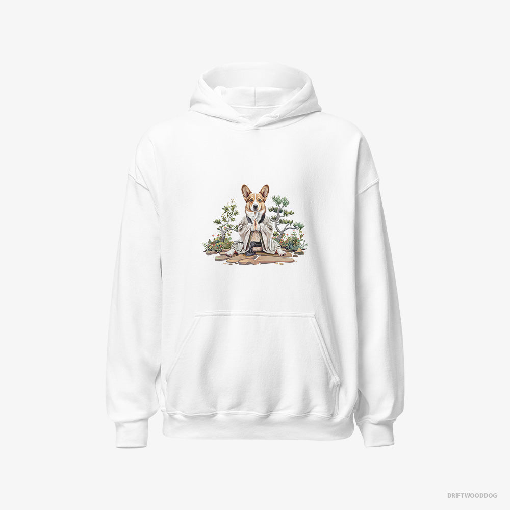 Corgi Hoodie – Men White Hoodie Classic – Practicing Meditation in a Peaceful Japanese Garden (on White Background)