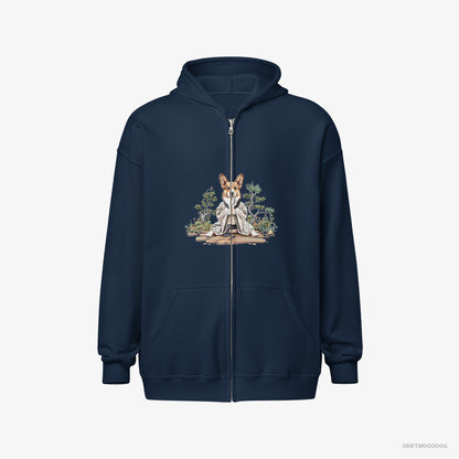 Corgi Practicing Meditation in a Peaceful Japanese Garden Navy Hoodie