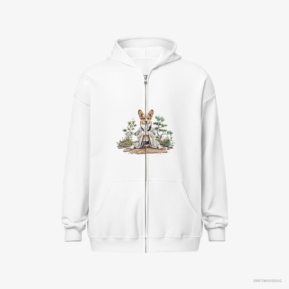 Corgi Hoodie – Men White Hoodie Full-Zip – Practicing Meditation in a Peaceful Japanese Garden (on White Background)