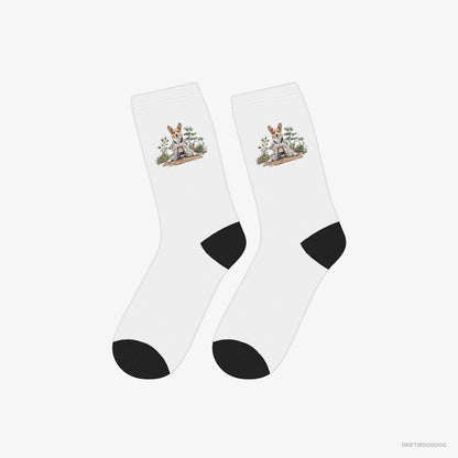 Corgi Socks – Unisex White Socks Classic – Practicing Meditation in a Peaceful Japanese Garden (on White Background)