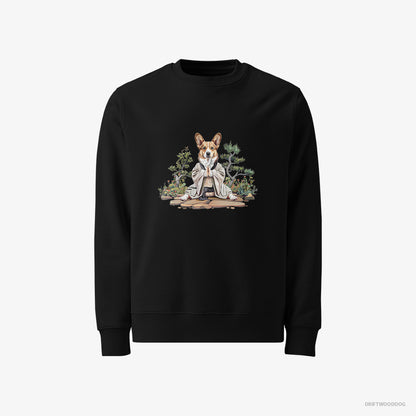 Corgi Sweatshirt – Women Black Sweatshirt Classic – Practicing Meditation in a Peaceful Japanese Garden (on White Background)