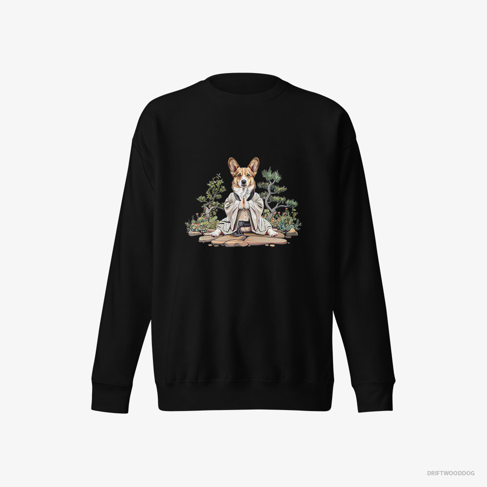 Corgi Sweatshirt – Women Black Sweatshirt Eco-Friendly – Practicing Meditation in a Peaceful Japanese Garden (on White Background)