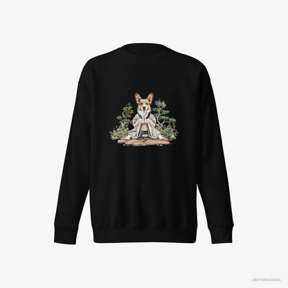 Corgi Sweatshirt – Women Black Sweatshirt Eco-Friendly – Practicing Meditation in a Peaceful Japanese Garden (on White Background)