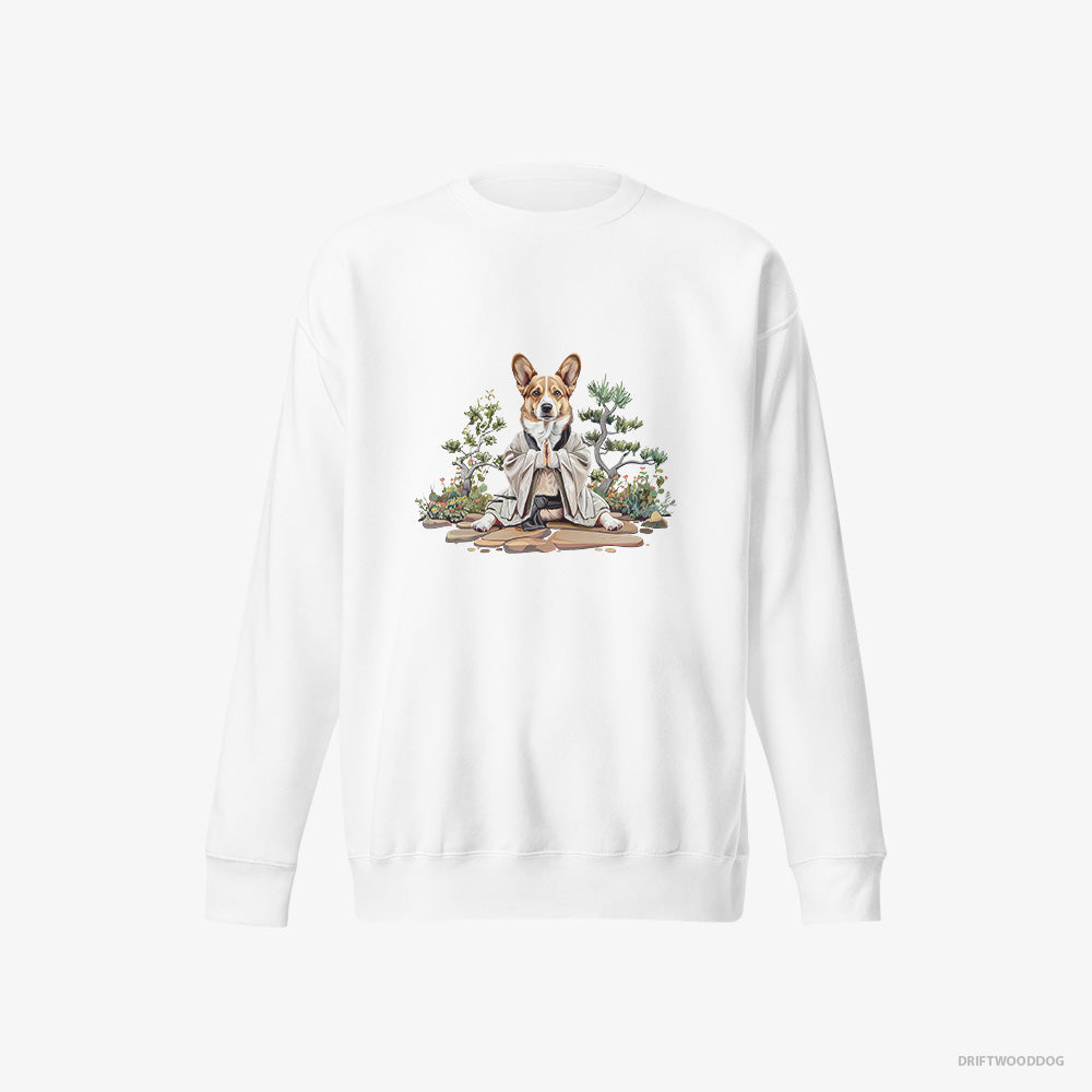 Corgi Sweatshirt – Women White Sweatshirt Eco-Friendly – Practicing Meditation in a Peaceful Japanese Garden (on White Background)