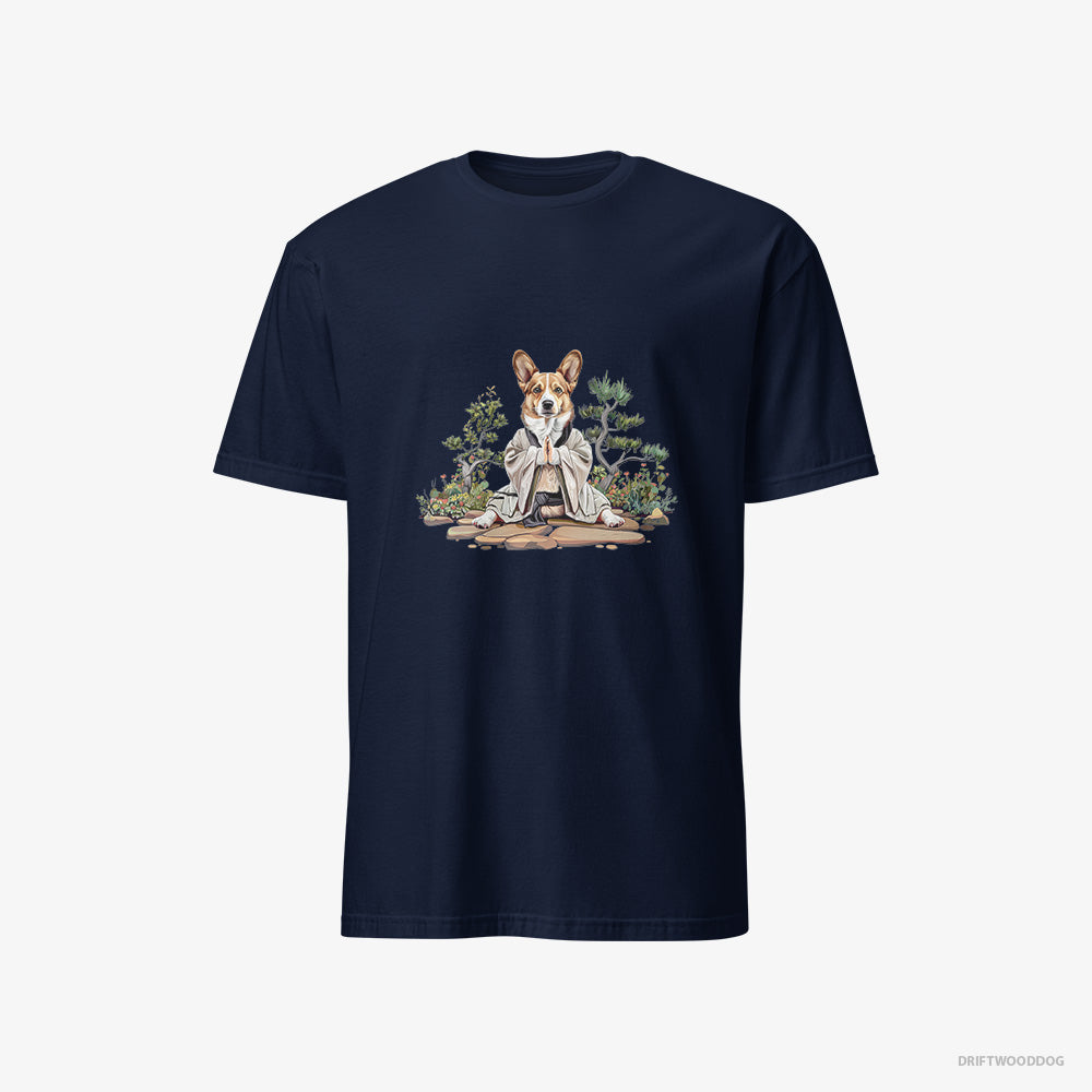 Corgi T-Shirt – Men Navy T-Shirt Classic – Practicing Meditation in a Peaceful Japanese Garden (on White Background)