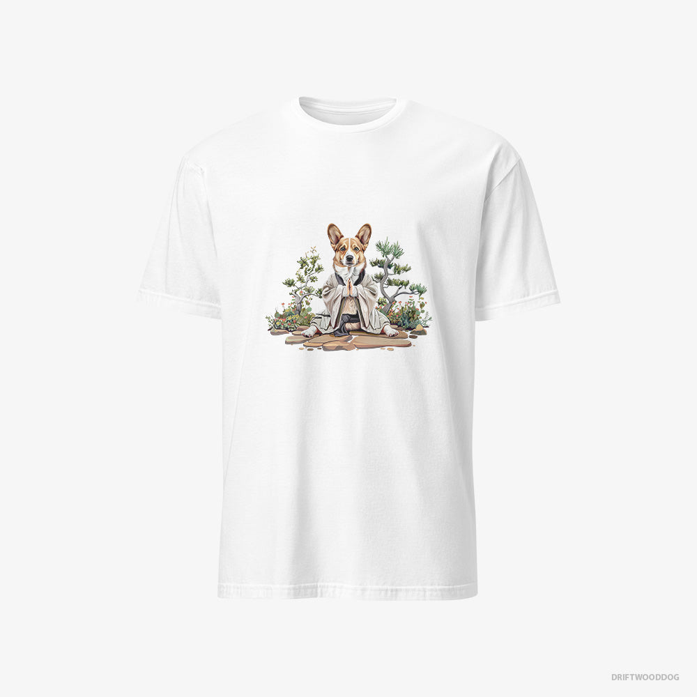 Corgi T-Shirt – Men White T-Shirt Classic – Practicing Meditation in a Peaceful Japanese Garden (on White Background)