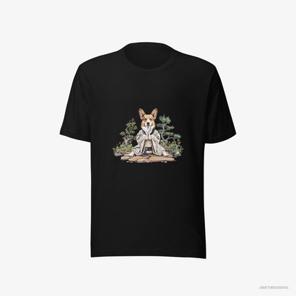 Corgi Practicing Meditation in a Peaceful Japanese Garden Black T-Shirt