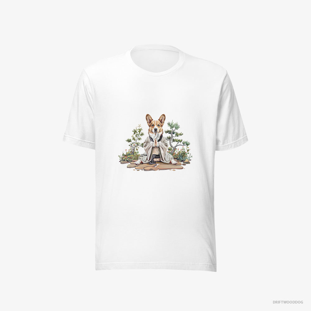 Corgi T-Shirt – Women White T-Shirt Eco-Friendly – Practicing Meditation in a Peaceful Japanese Garden (on White Background)