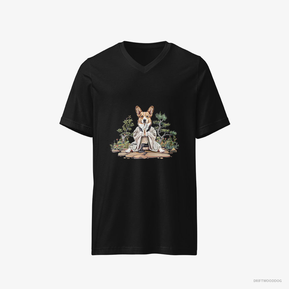 Corgi T-Shirt – Men Black T-Shirt V-Neck – Practicing Meditation in a Peaceful Japanese Garden (on White Background)