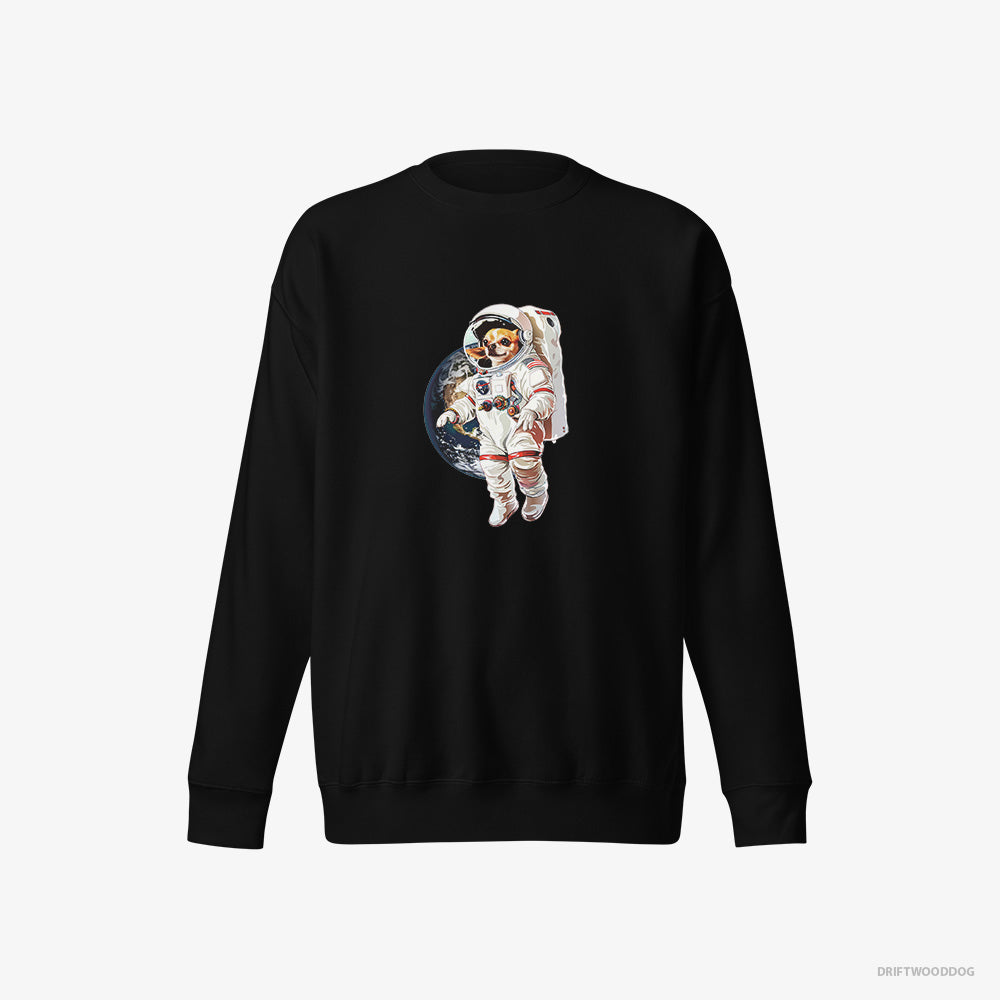 Chihuahua Sweatshirt – Women Black Sweatshirt Eco-Friendly – in a Spaceship Mission (on White Background)