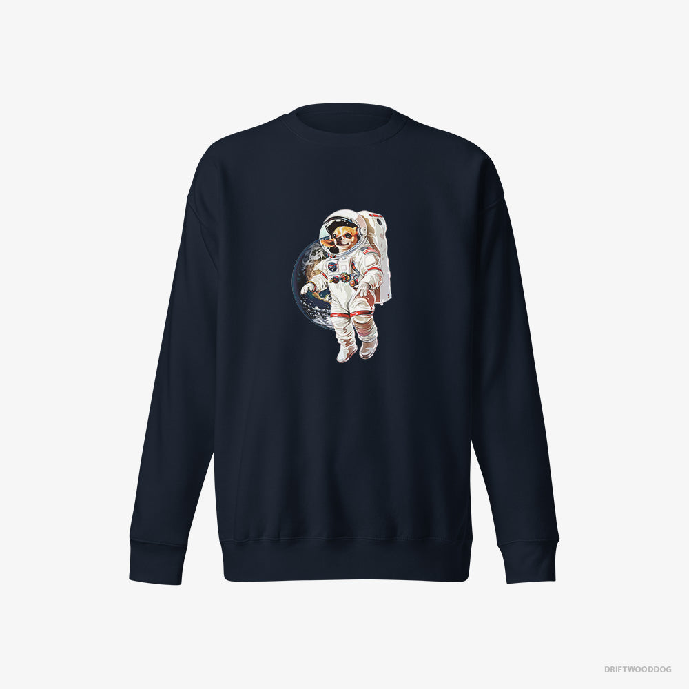 Chihuahua Sweatshirt – Men Navy Sweatshirt Eco-Friendly – in a Spaceship Mission (on White Background)